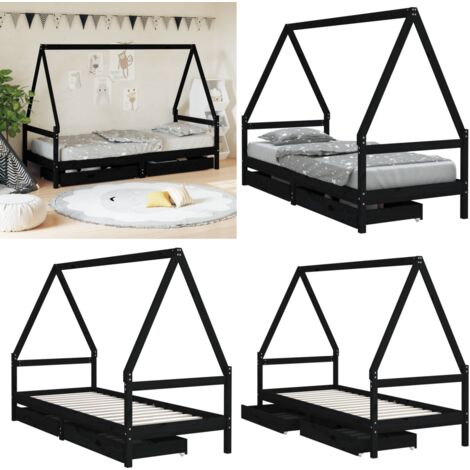 Giroletto Bambini con Cassetti Nero 90x200cm Massello di Pino - Letto per bambini - Letto a casa