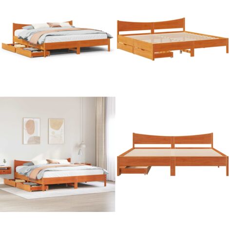 Giroletto con Cassetti Marrone Cera 200x200 cm Massello Pino - Letto con cassetti - Letto con rete a doghe