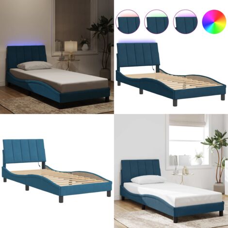 Giroletto con LED senza Materasso Hanko Blu 80x200 cm in Velluto - Cuscino testiera - Materasso