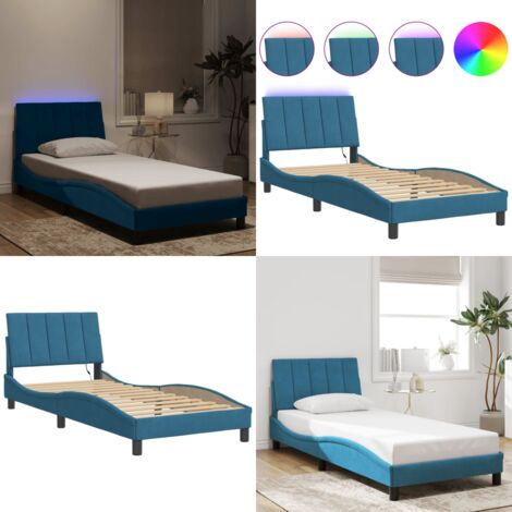 Giroletto con LED senza Materasso Hanko Blu 90x200 cm in Velluto - Cuscino testiera - Materasso