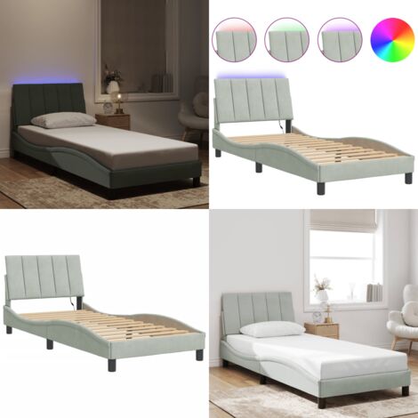 Giroletto con LED senza Materasso Hanko Grigio Chiaro 90x200 cm in Velluto - Materasso per letto - Cuscino testiera