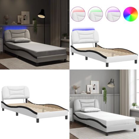 Giroletto con LED senza Materasso Hvar Bianco e Nero 90x190 cm - Cuscino testiera con LED - Letto con supporto schiena
