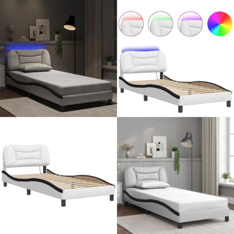 Giroletto con LED senza Materasso Hvar Bianco e Nero 90x200 cm - Cuscino testiera con LED - Letto con luci LED