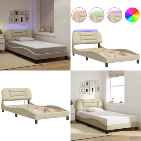 Giroletto con LED senza Materasso Hvar Crema 100x200 cm in Tessuto - Cuscino testiera - Letto con luci LED