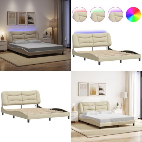 Giroletto con LED senza Materasso Hvar Crema 160x200 cm in Tessuto - Cuscino testiera - Letto con luci LED
