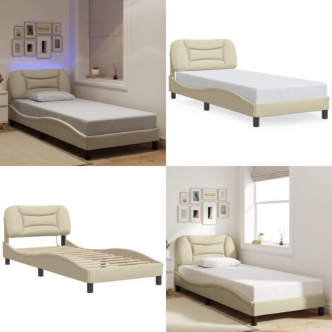 Giroletto con LED senza Materasso Hvar Crema 90x190 cm in Tessuto - Cuscino testiera - Letto con luci LED