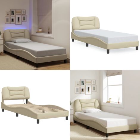 Giroletto con LED senza Materasso Hvar Crema 90x200 cm in Tessuto - Cuscino testiera - Letto con luci LED
