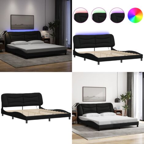Giroletto con LED senza Materasso Hvar Nero 180x200 cm in Tessuto - Cuscino testiera con luci LED - Letto con luci a LED
