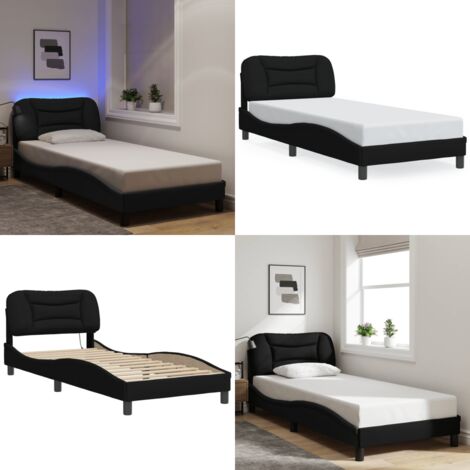 Giroletto con LED senza Materasso Hvar Nero 80x200 cm Tessuto - Cuscino testiera con luci LED - Letto con luci a LED