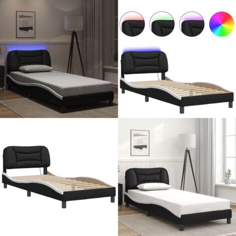 Giroletto con LED senza Materasso Hvar Nero e Bianco 80x200 cm - Cuscino testiera con luci LED - Letto con supporto schiena