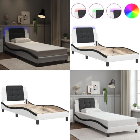 Giroletto con LED senza Materasso Zadar Bianco e Nero 90x190 cm - Cuscino testiera - Letto con luci LED