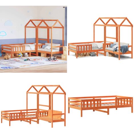 Giroletto con Panca e Tetto Cera 100x200 cm in Legno di Pino - Panca con tetto - Letto per bambini