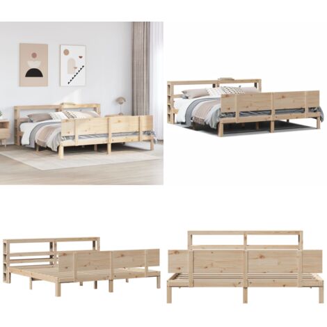 Giroletto con Testiera 200x200 cm in Legno Massello di Pino - Testiera autoportante - Letto con ripiani