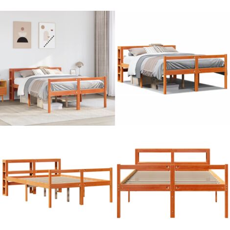 Giroletto con Testiera Marrone Cera 140x190 cm Massello Pino - Letto in legno - Letto con testiera
