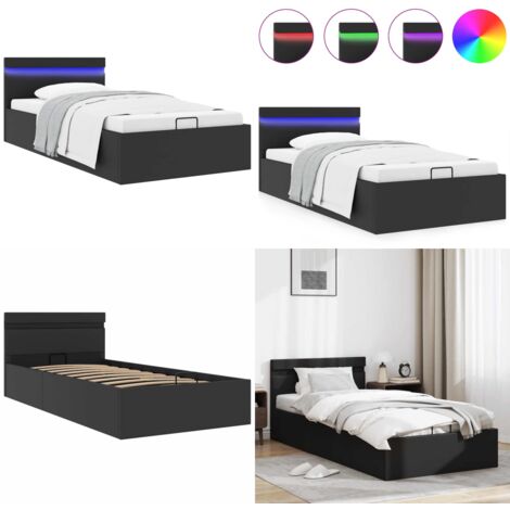 Giroletto Contenitore Idraulico LED Nero Similpelle 90x200 cm - Letto con contenitore - Letto con luci LED