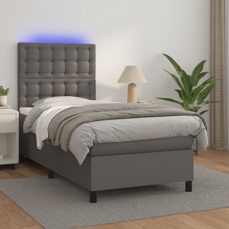 Jinlefu - Letto adulto, Giroletto Molle con Materasso e led, Letto singolo, Mobili camera da letto Grigio 90x200cm Similpelle vidaXL