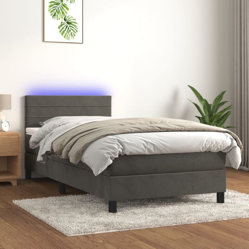 Jinlefu - Letto per adulti, Letto a Molle con Materasso e led Grigio Scuro 90x190cm Velluto vidaXL 69220