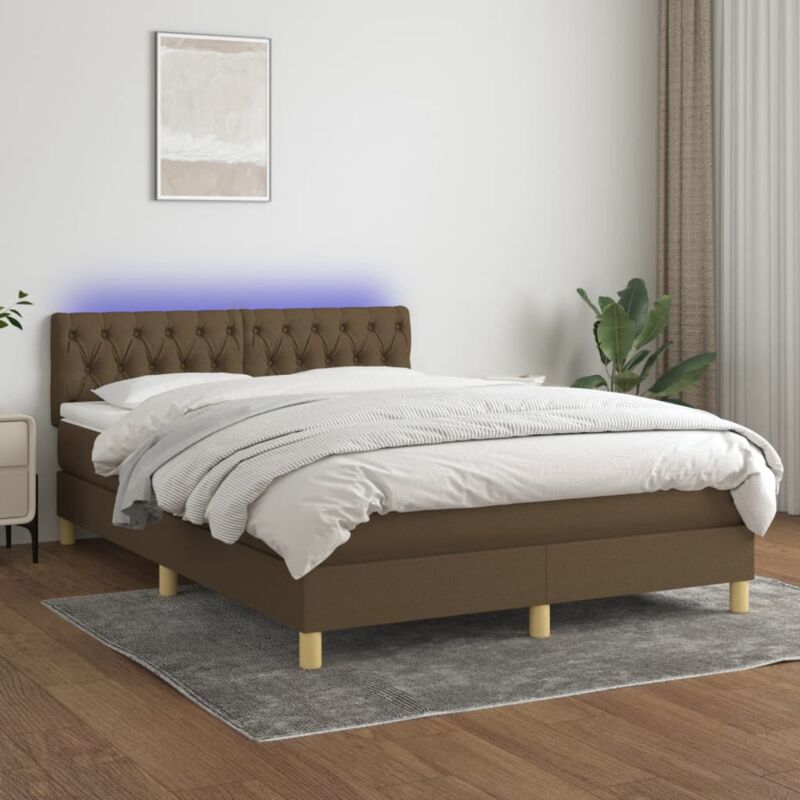 vidaXL Letto a Molle Materasso e LED MarroneScuro 140x190cm in Tessuto