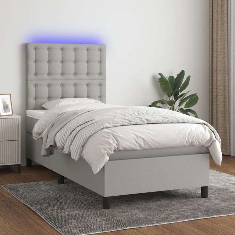 Jinlefu - vidaXL Letto a Molle Materasso e led Grigio Chiaro 90x200 cm Tessuto