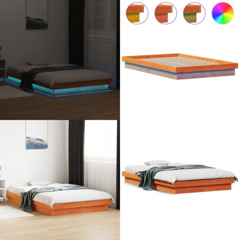 Giroletto LED Marrone Cera 120x190 cm in Legno Massello di Pino - Letto con luci LED - Letto in legno massello
