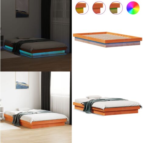 Giroletto LED Marrone Cera 140x200 cm in Legno Massello di Pino - Letto con luci LED - Letto con luci RGB