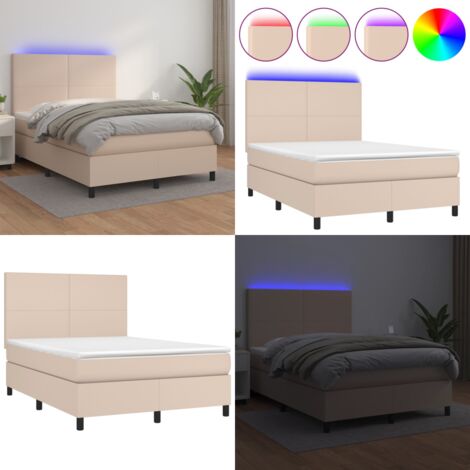 Giroletto Molle Materasso e LED Cappuccino 140x190cm Similpelle - Letto con LED - Letto a molle