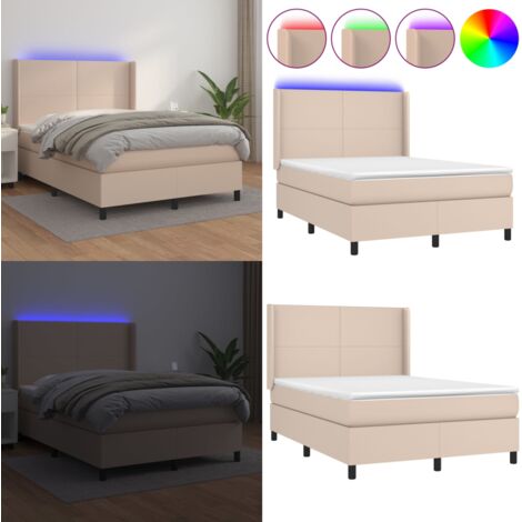 Giroletto Molle Materasso e LED Cappuccino 140x190cm Similpelle - Letto con LED - Letto a molle