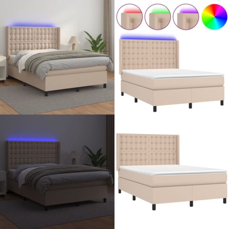 Giroletto Molle Materasso e LED Cappuccino 140x190cm Similpelle - Letto con LED - Letto a molle
