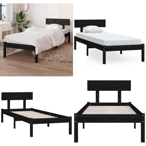 Giroletto Nero in Legno Massello di Pino 90x190 cm Single - Letto in legno - Letto nero