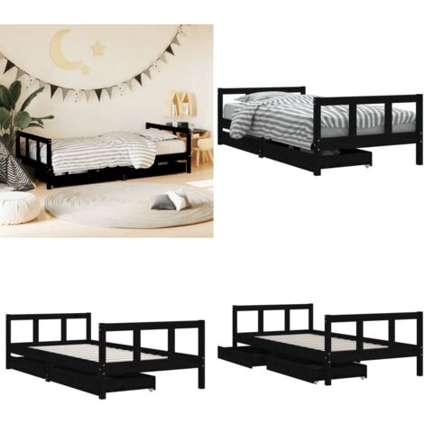 Giroletto per Bambini con Cassetti Nero 90x190 cm Massello Pino - Letto per bambini - Letto in legno