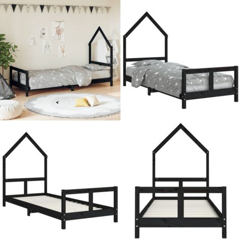 Giroletto per Bambini Nero 80x200 cm in Legno Massello di Pino - Letto per bambini - Letto a casetta
