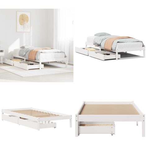 Giroletto senza Materasso Bianco 100x200 cm Legno Massello Pino - Letto con cassetti - Letto con rete a doghe