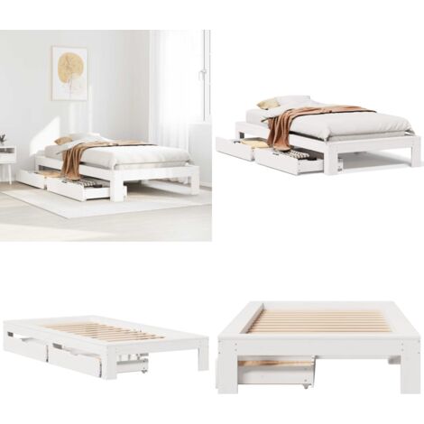 Giroletto senza Materasso Bianco 75x190 Legno Massello di Pino - Letto con rete a doghe - Letto con cassetti