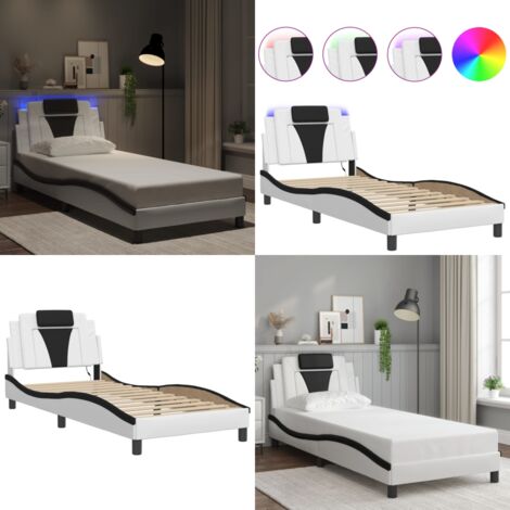 Giroletto Viana con LED senza Materasso Bianco e Nero 90x200 cm - Cuscino testiera - Luci LED