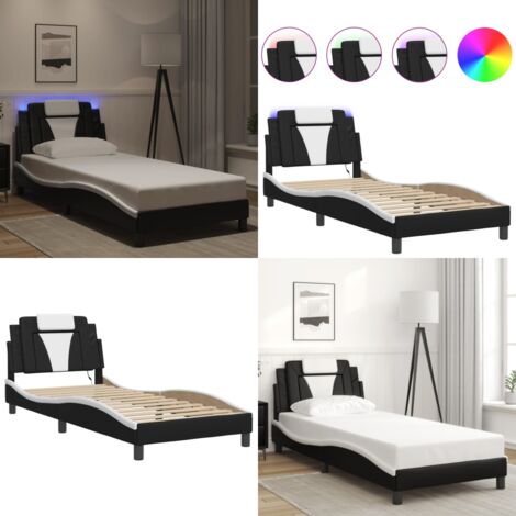 Giroletto Viana con LED senza Materasso Nero e Bianco 80x200 cm - Cuscino testiera - Luci LED