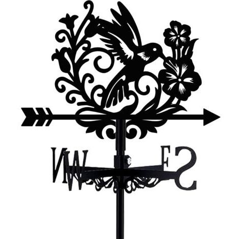 Girouette en forme d'oiseau - Colibri noir - Métal - Avec fleurs - Convient aux toitures végétalisées - Panneau indicateur - Moulin à vent décoratif d'extérieur avec support