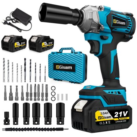 Gisam – Clé à chocs électrique 1/2' 650Nm – 2 batteries 3.0Ah – Moteur sans balais – 4 vitesses – Éclairage intégré pour espaces sombres