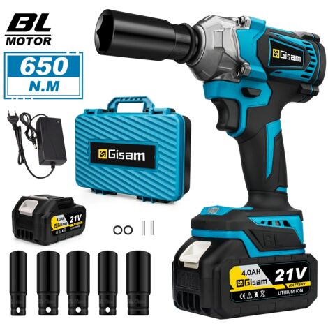 Gisam – Clé à chocs électrique 1/2" 650Nm – Moteur sans balais – 4.0Ah avec 9 accessoires – Pour véhicules domestiques et chantiers