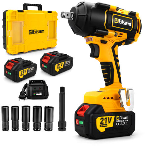 Gisam – Clé à chocs sans fil 1800Nm – 2 batteries 4.0Ah 21V – Moteur Brushless – Vitesse 0-3200 tr/min – Pour boulons M10-M24
