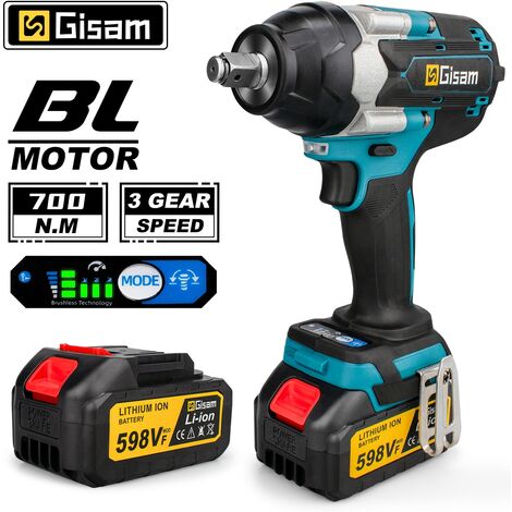 Gisam – Clé à chocs sans fil 700Nm 1/2 pouce – 3 vitesses – 2 batteries 3Ah – Moteur sans balais pour longévité accrue – Pour travaux bois et chantier