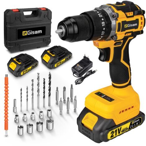 Gisam – Perceuse-visseuse sans fil 55Nm – Moteur Brushless – 2 batteries 2.0Ah – 23 réglages de couple – Mandrin 10mm pour perçage précis