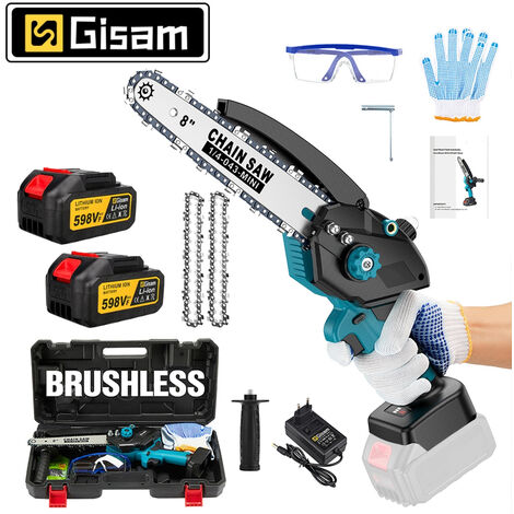 Gisam – Tronçonneuse à batterie 8 pouces – 2 batteries 3.0Ah – Moteur sans balais – Coupe nette jusqu'à 15,2 cm – Poids léger 1,62 kg