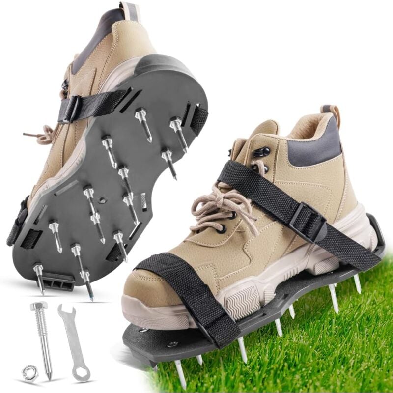 Aérateur Pelouse, 1 Paire 42mm Aérateur de Pelouse avec 28 Clous et Clé, Chaussure à Gazon Ajustable, Amélioration de la qualité du Sol, pour
