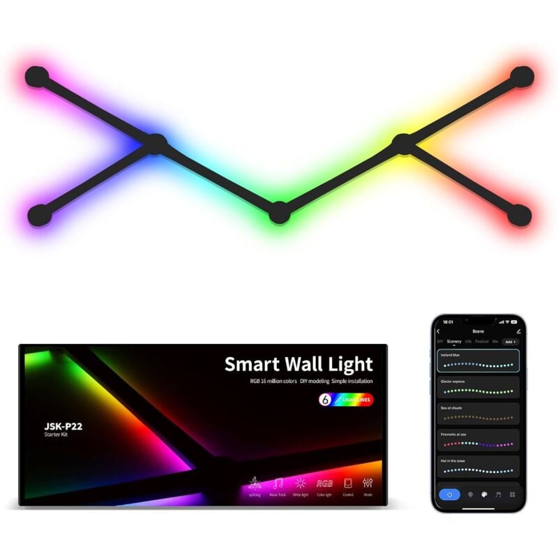 Appliques Murales, 6 Barres Lumineuses led rgb-ic Connectées avec Sync Musicale, Lumières Intelligentes pour Salle de Jeux, Salon, Chambre à Coucher