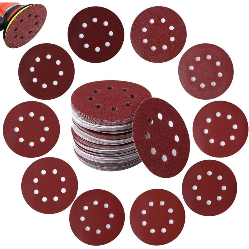 Disques de Ponçage 125 Pièces, Disques Abrasifs de 125mm avec 8 Trous, Grain 60, 80, 100, 120, 240 pour Polissage, Dérouillage, Finition - Gistuch