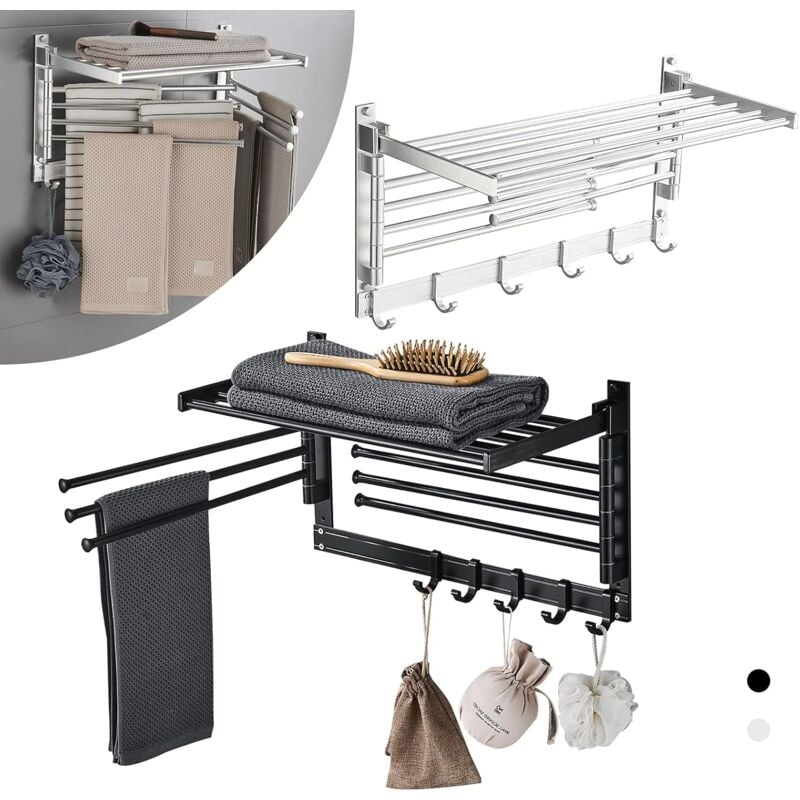 Etendoir à suspendre - salle de bain, cuisine, porte-serviettes, porte-serviettes avec 5 crochets et 7 bras pivotants (noir) - Gistuch