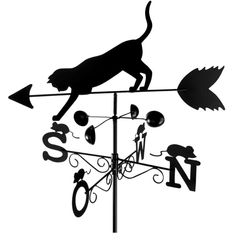 Gistuch - Girouette à planter ou à fixer motif Chat et souris, Girouette Chat,Indique la direction du vent : n - s - w - o, Déco jardin, Métal verni,