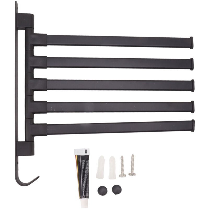 Gistuch - Porte-serviettes pivotant noir sans poinçon, porte-serviettes de salle de bains mural, tige de suspension d'angle de salle de bains à 5 bras
