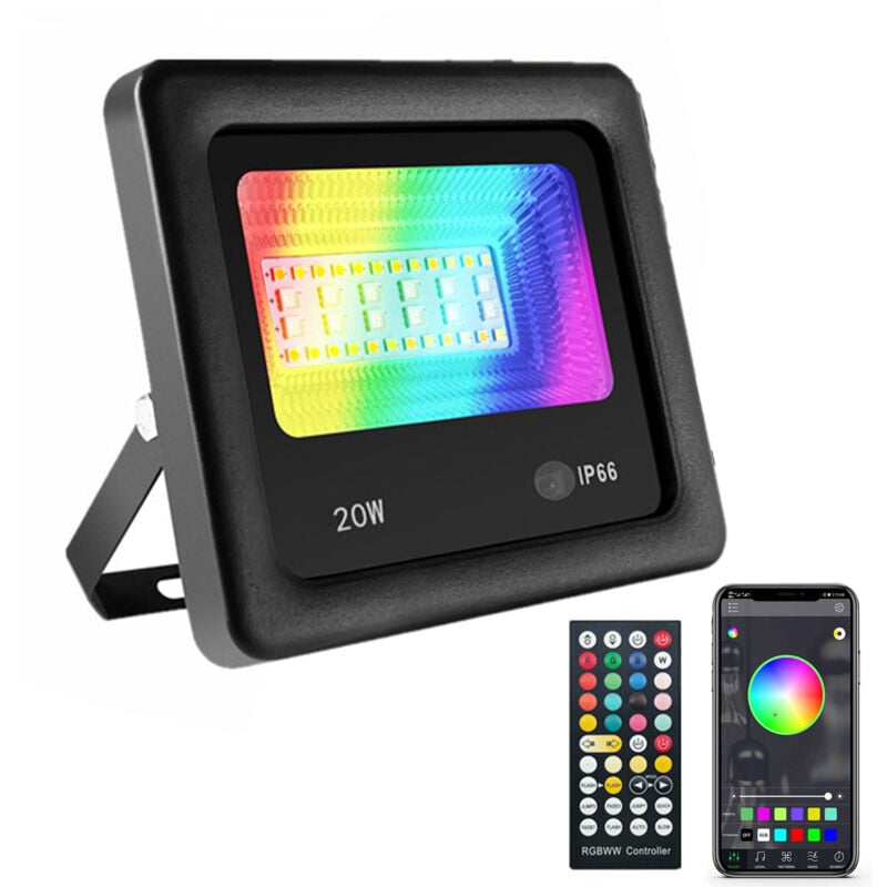 Rgb Projecteur led Exterieur 20W contrôlé par smartphone Bluetooth, Intelligente rgb Spot led de Couleur, IP66 Etanche, 27 Modes 16 millions