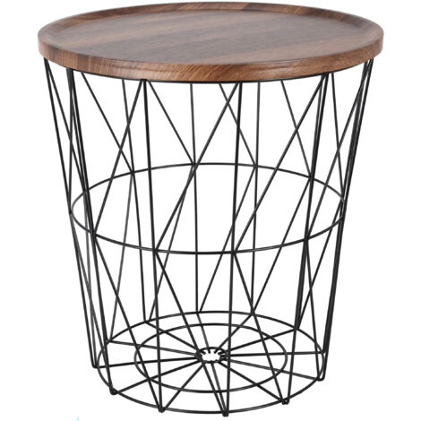 Gitterkorb Beistelltisch aus Metall 39 cm - schwarz - Korbtisch mit Holz Optik Tischplatte in braun